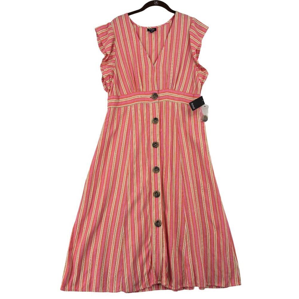 A.N.A Midi Shirt Dress Size L Pink Orange Stripe Linen Blend Button Up Cap Sleev